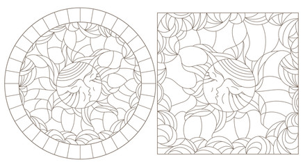  Set contour illustrations of stained glass sun with face, round and square image, dark outline on a white background , isolate