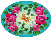 Illustration In Stained Glass Style With Pink Flowers And Leaves Of  Rose, And Orange Butterfly On A Blue Background, Oval Image