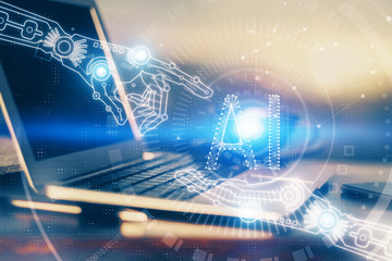 double exposure of desktop computer and technology theme hologram. concept of software development.