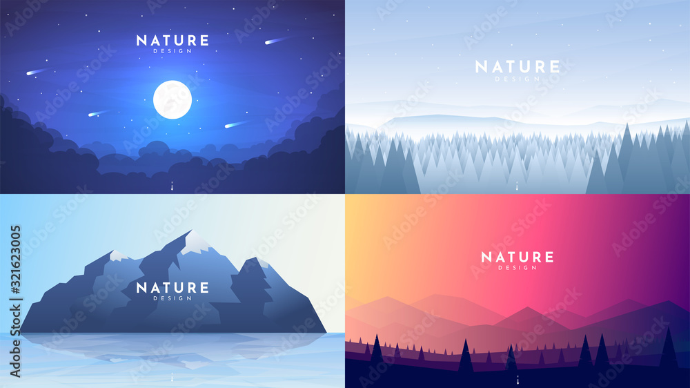 Set of 4 nature backgrounds. Misty night with moon light, winter forest, morning scene, mountain with reflection in water, colorful sky and polygonal hills. Vector flat landscape. Website template - obrazy, fototapety, plakaty 