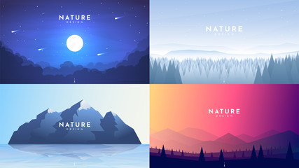Wall Mural - set of 4 nature backgrounds. misty night with moon light, winter forest, morning scene, mountain wit