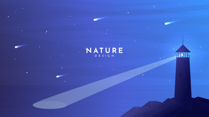 Wall Mural - lighthouse on stone island near ocean. falling asteroids. minimalist vector landscape. website or ga