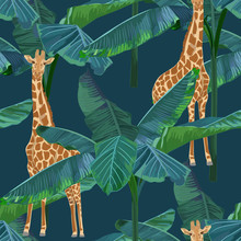 Exotic Summer Print. Seamless Pattern With Palm Tree, Giraffe. Vector Illustration