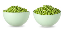Green Peas In White Bowl Set Isolated On White Background. Side View For Packaging Design With Clipping Path And Shadow