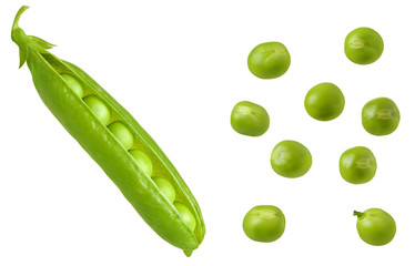 Fresh green pea pod with beans isolated on white background. Design detail with clipping path