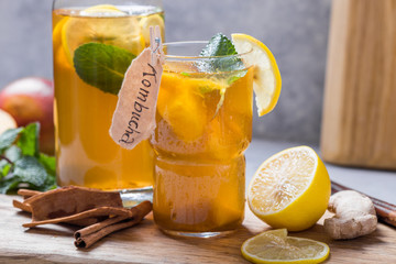 Healthy tea kombucha with lemon and cinnamon.