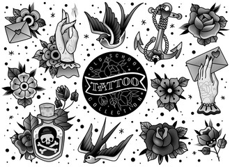 old school traditional grayscale tattoo set