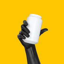 Black Abstract Hand Gesture Holding White Can Isolated On Yellow Backgrounds, Display Beverage Banner Mockup, Soda Drink Advertising Creative Design Concept, 3d Rendering