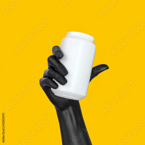 Black abstract hand gesture holding white can isolated on yellow backgrounds, display beverage banner mockup, soda drink advertising creative design concept, 3d rendering