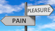 Pain and pleasure as a choice - pictured as words Pain, pleasure on road signs to show that when a person makes decision he can choose either Pain or pleasure as an option, 3d illustration