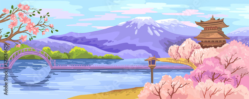 Fotografía Vector Japanese scenery with sakura garden, lake, bridge, pagoda and mountains on the background