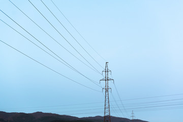 Electric pole telephone cable post sky blue clouds copy space