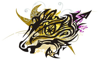 Unusual horse symbol with dragon element splashes. The abstract horse head is formed by the eye and eagle symbol inside. Creative design for your projects