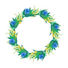 Floral Round Empty Frame Flat Vector Template. Blue And Yellow Wildflowers Blank Border For Social Media Post, Greeting Card Design. Cornflowers And Daisy Blossoms Cartoon Decor Element