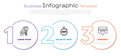 Poster - Set line Car rental, Stopwatch 24 hours and Map pointer with taxi. Business infographic template. Vector