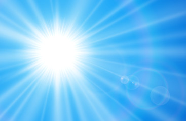 Wall Mural - Sun with lens flare, vector natural blue sunny background.