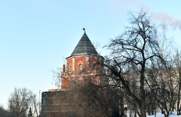 winter frosty morning overlooking an old estate with a church