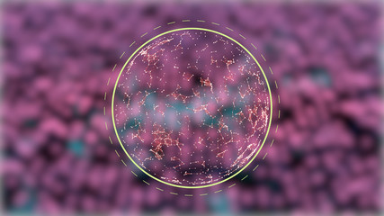 Wall Mural - abstract globe in triangular network connections flickering on blurred pink dots background.