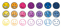 Hand drawn emotion faces, ranking scale smiles vector illustration. Positive, negative and neutral human expressions. Bad and good review rating, user satisfaction. Happy, angry and sad emoticons