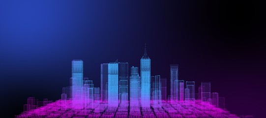 Wall Mural - Neon colored city 3D. Finance business and technology city, futuristic smart digital city sci-fi theme web banner wide screen background.