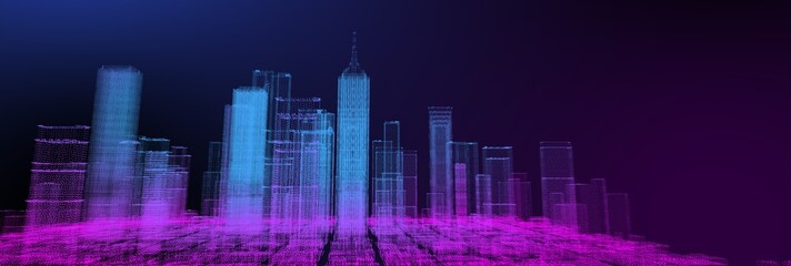 Wall Mural - Neon colored city 3D. Finance business and technology city, futuristic smart digital city sci-fi theme web banner wide screen background.