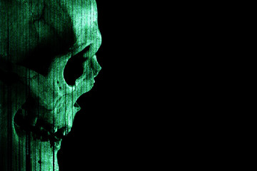 Wall Mural - Human skull with green binary code matrix texture on a black background with copy space. Side view of a human skull. Concept: hacker and computer virus, database theft.