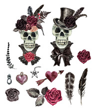 Watercolor Hand Drawn Skeleton Bride And Groom Illustration. Dead Skull Of Men And Women, Black Feathers, Hearts, Roses, Isolated On White Background. Wedding And Valentines Day Concept.
