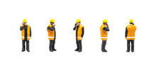 Miniature Figurine Character As Worker Wearing Safety Vest And Posing In Posture Isolated On White Background.