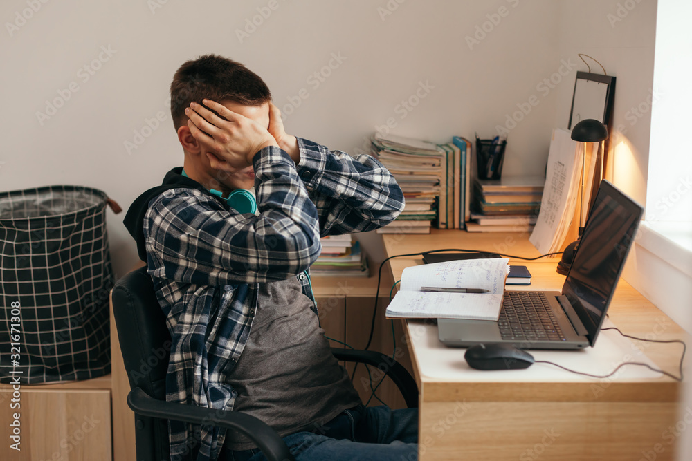 Fototapete Teenage Boy Doing Homework Using Computer Sitting By Desk In Room Alone Alena Ozerova