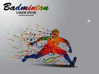 Wall Mural - Visual drawing of sport man in start badminton game at fast of speed on stadium, colorful beautiful design style on white background for vector illustration, exercise sport concept