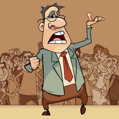 Wall Mural - cartoon man in a suit and glasses emotionally broadcasts in front of a crowd of people