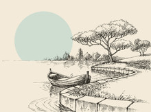 Empty Boat On Shore In The Park, Relaxation In Nature Sketch
