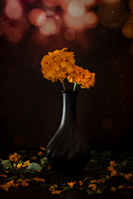 Still Life, Yellow Roses In A Black Pottery Vase Against A Black Background. - Image