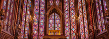 The Sainte-Chapelle Cathedral In Paris France. Building Interior Decor Famous For Its Stunning Stained Glass Windows