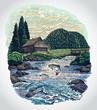 Countryside landscape in graphic style, with hut and mountain river and jumping fish.