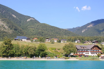 lakeside village in mountains