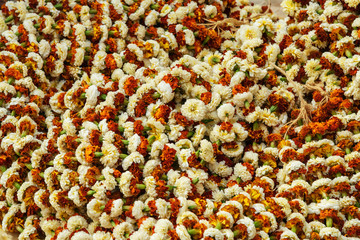 Flowers and garlands for sale at Flower market in Mallick Ghat. Kolkata. India