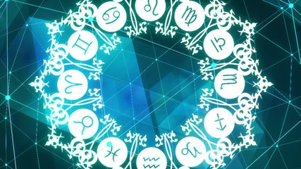 Wall Mural - Spinning circle with astrology symbols. Connected lines with dots