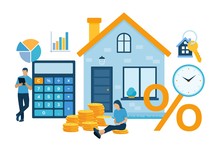 Mortgage Concept. House Loan Or Money Investment To Real Estate. Property Money Investment Contract. Family Buying Home. Man Calculates Home Mortgage Rate. Vector Illustration With Characters.
