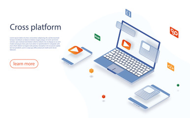 Cross platform development website. Multi-platform testing, platform-independent software, cross device marketing. Web development coding. Building mobile interface on laptop, smartphone, tablet