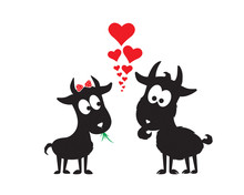 Two Cute Goats Silhouettes In Love And Red Hearts Illustration. Cartoon Character. Kids Wall Decals, Childish Poster Design, Wall Art, Artwork. Valentine Greeting Card Design