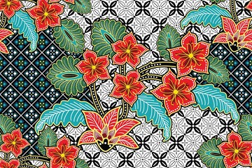 Wall Mural - Seamless pattern with floral vector Illustration, Tropical batik motif