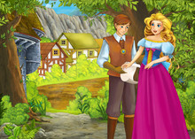 Cartoon Summer Scene With Path To The Farm Village With Prince And Princess