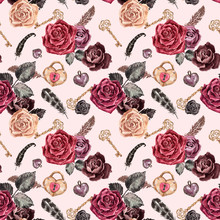 Victorian Vintage Style Seamless Pattern With Watercolor Red And Burgundy Roses, Skeleton Key, Feathers On Bright Pink Background. Romantic Floral Retro Print For Design, Scrapbook.