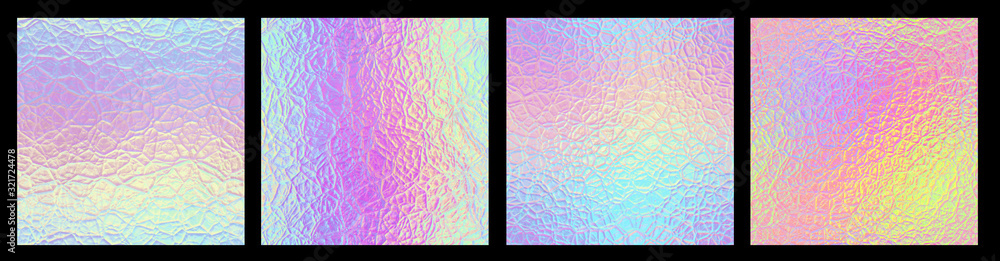 Set of seamless unicorn holographic light crystal patterns textures - iridescent rainbow hologram glass material background - obrazy, fototapety, plakaty 