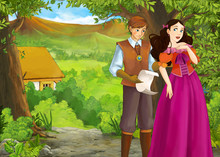 Cartoon Summer Scene With Path To The Farm Village With Prince And Princess