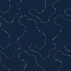 A seamless vector pattern with long dashed lines on dark navy blue background. Simple surface print design.