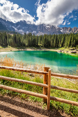 Wall Mural - beautiful carezza lake in summer, dolomites, italy, europe