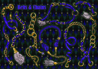 Wall Mural - Collection of hand-drawn accessories: trendy leather belts and gold chains with pendants, beads and rings. Elements for design, collages on a jewelry theme, prints for fabrics, packaging.