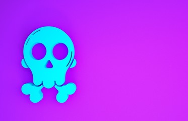 Sticker - Blue Skull on crossbones icon isolated on purple background. Happy Halloween party. Minimalism concept. 3d illustration 3D render